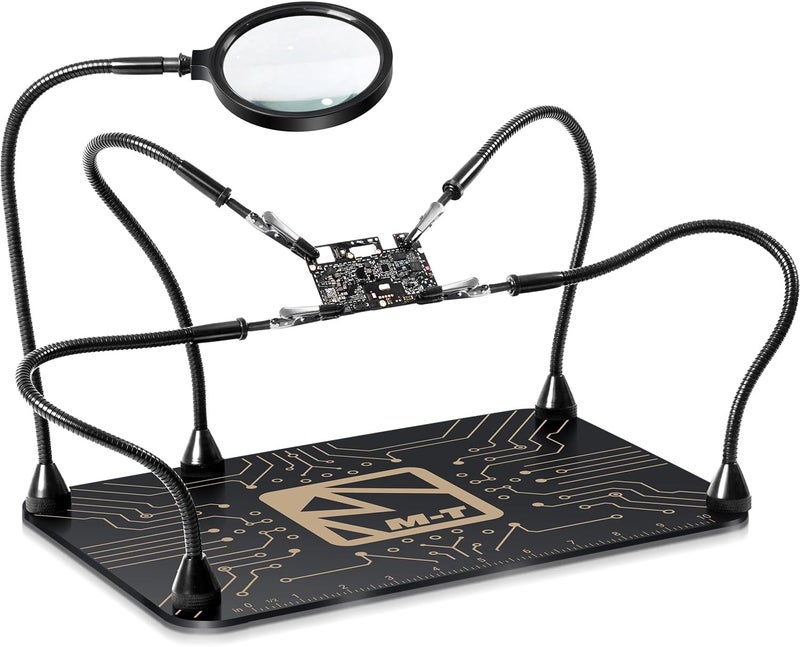 MT Helping Hands Soldering Station, Magnetic Third Hand Tool PCB Holder with 5X Magnifying Glass 13x9 IN Non-Slip Steel Weighted Base 4 Arms for Electronic Repair Soldering Jewelry Crafts and Welding - Image 1